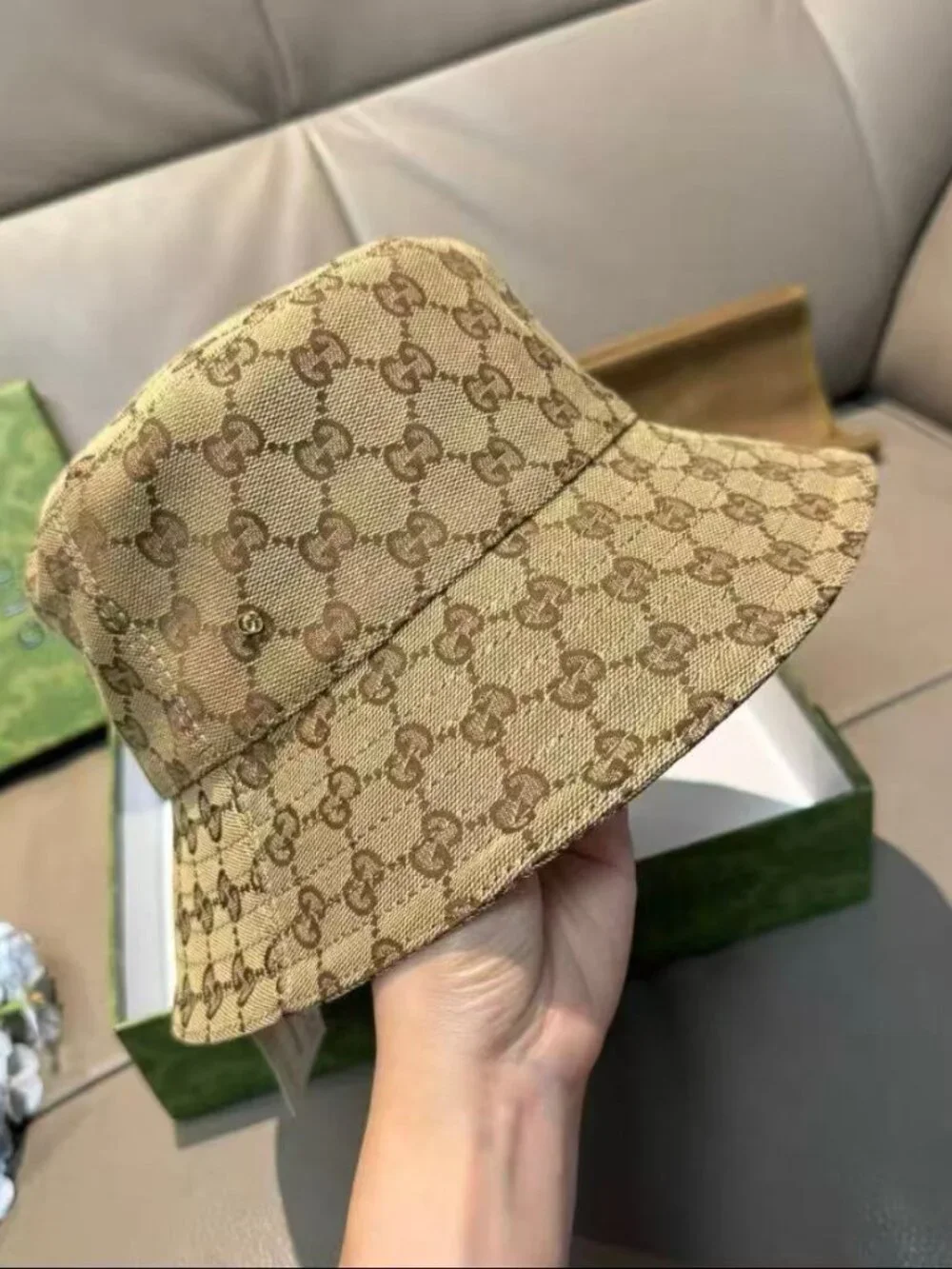 Gucci Beige GG Monogram Bucket Hat Canvas Sun Hat
